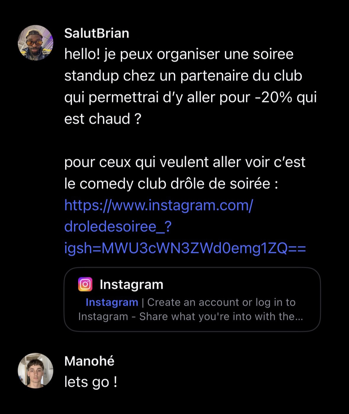 Discussion entre membres du Circle SalutClub : Brian propose une soirée standup, Manohé répond « lets go ! »